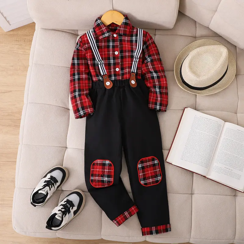 Ready Stock 4-7Y Boys Christmas Outfits Plaid Long Sleeve Shirt & Suspender Pants Two-Piece Clothing for Stylish Holiday Celebrations Red 12409066
