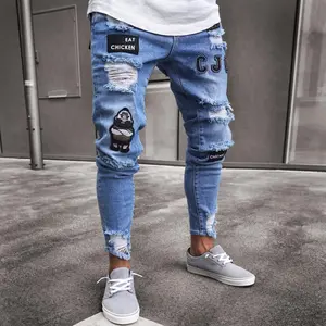 Fashion Men Holes Embroidery Stretch Skinny Jeans Trousers Ripped Slim Male Joggers Pencil Denim Pants