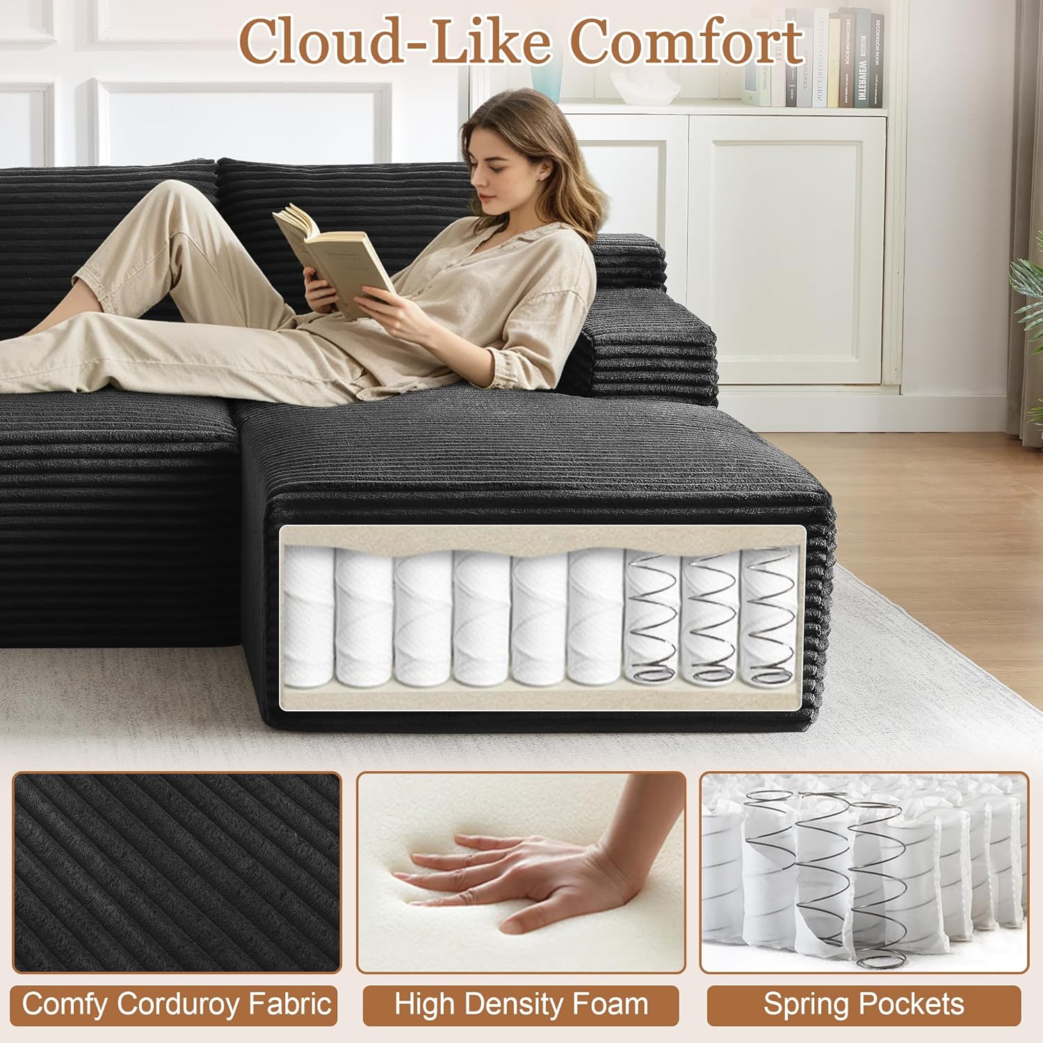 96" Cloud Couch Sofa, Sectional Sofa Couches for Living Room, Black Corduroy L-Shape Upholstered Boneless Couchs Modern Modular Sectional Couch with Chaise Lounge and Toss Pillow, No Assembly Required 96" Cloud Couch Sofa, Sectional Sofa Couches for Living Room, Black Corduroy L-Shape Upholstered Boneless Couchs Modern Modular Sectional Couch with Chaise Lounge and Toss Pillow, No Assembly Required