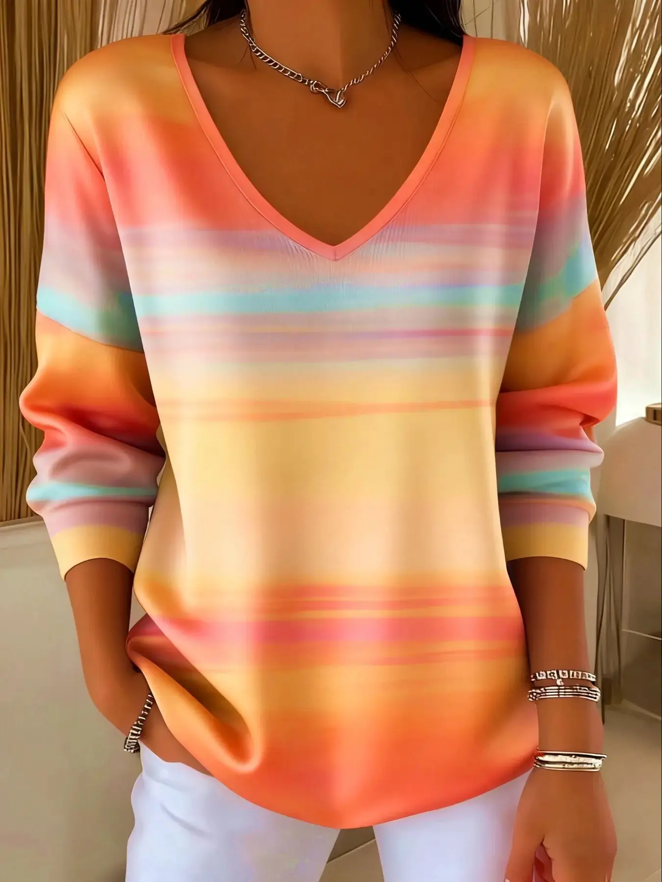 Plus Size Women's Gradient Ombre Print Long Sleeve Casual Fitted Sweater Tops, Womenswear Stylish Statement Knitwear for Fall & Winter, Comfortable Fashion Design Pullover Piece