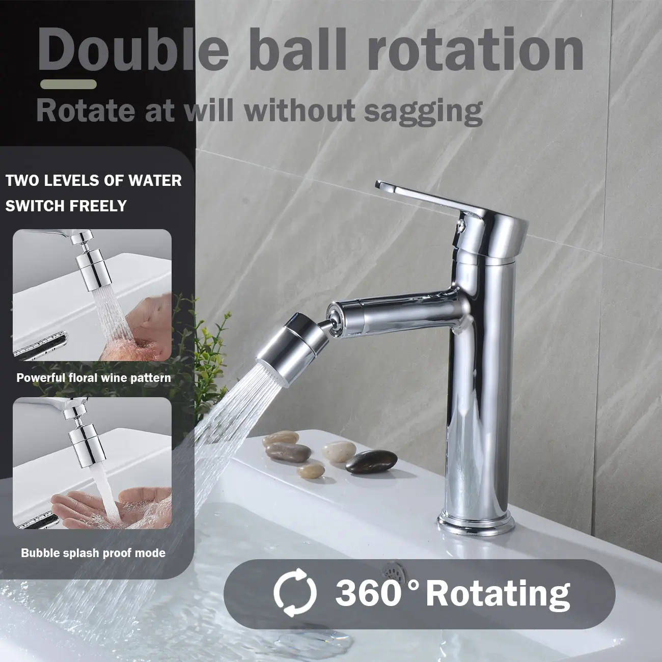Splash Proof Bathroom Sink Faucet Aerator - 360-Degree Swivel, Female Thread, Polished Chrome, High Pressure Large Flow Dual Function, Bathtub Faucet Extender with Big Angle Rainfall Handheld Shower, Splash Proof Faucet