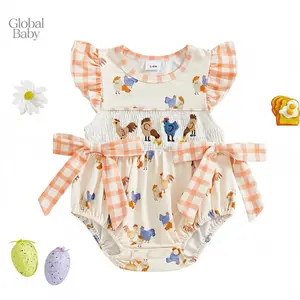 Global Baby  Easter Baby Girls Rompers Comfortable Letter Embroidery Bubble Short Sleeve Round Neck Jumpsuit for Holiday Daily Wear