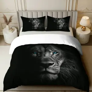 3PCS Duvet Cover Set, 1 Duvet+2 Pillowcases(Without filler), Lion Blue Eyes Black Contrast Animal King theme, Halloween bedding set, Luxury Wild Style Suitable for decoration Bedroom Living Room Guest Room Hotel, Decorative Duvet Cover, Bed Sets