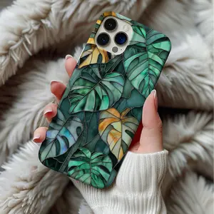 Stained Glass Monstera Leafs Phone Case Art Deco Green Houseplants Artful Trendy Vintage Case, Magsafe Phone Cases  For IP X 11 12 13 14 15 16 S21 S22 S23 S24 S25-Ultra Series