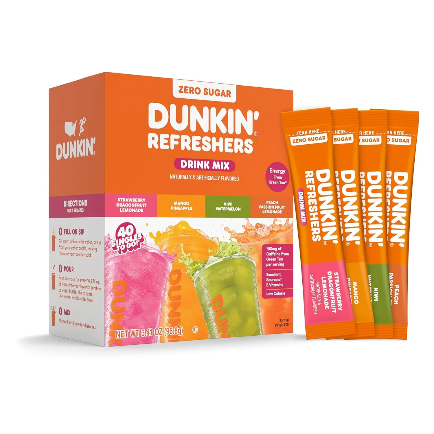 Dunkin' 0 Sugar Green Tea Energy Refreshers Singles To Go! Drink Powder, No Added Sugar, Aspartame-Free, Sucralose-Sweetened, Natural Beverage, Quick Mix & Sip, Mix With Water Lemonade Iced Powder, Sugar Free