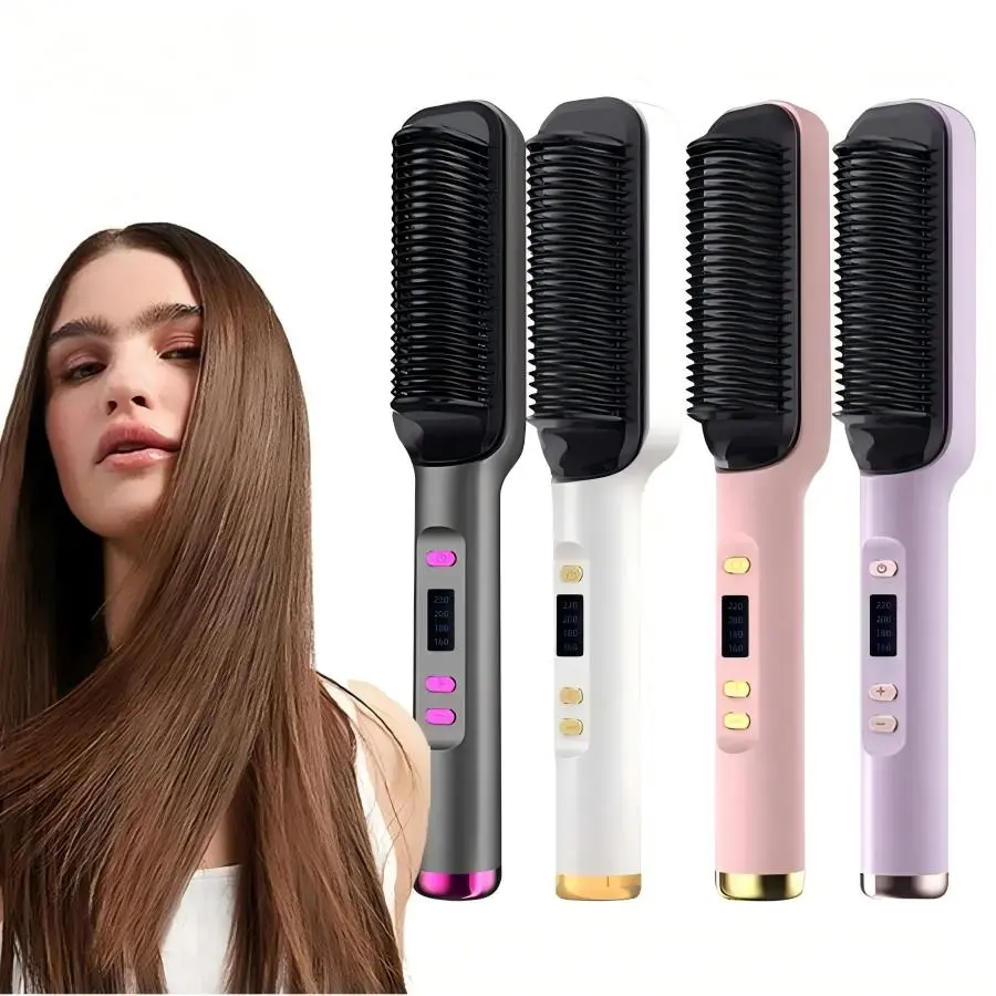 2-in-1 Hair Straightener Brush & Hot Comb - Heated Ceramic Anti-Frizz Straightening Comb, Fast Heating Electric Curling Comb Iron for Women, 4 Temp Settings Dual Styling Styler | Back to School Gift, TikTokMadeMeBuyIt