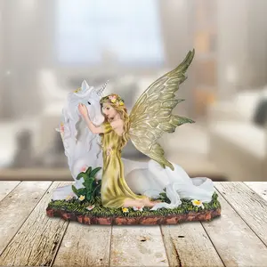 7"W Green Fairy with Unicorn Statue Fantasy Decoration Figurine