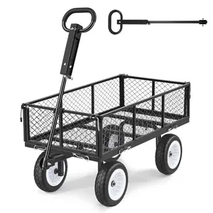 【Summervibes】VEVOR Garden Cart, 900 LBS, Heavy Duty Steel Yard and Garden Utility Wagon with 10-Inch Tires, Outdoor Gardening Stool with Adjustable Handle, Detachable Side Panels, Attach to ATV or Tractor, Black