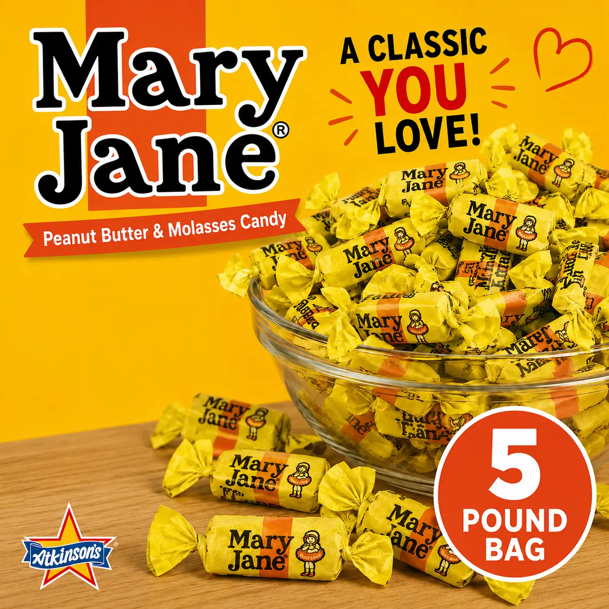 Mary Janes Classic Peanut Butter & Molasses Chewy Candy 5 lb  Bulk Individually Wrapped Retro Candy | Party & Candy Bowl Favorite