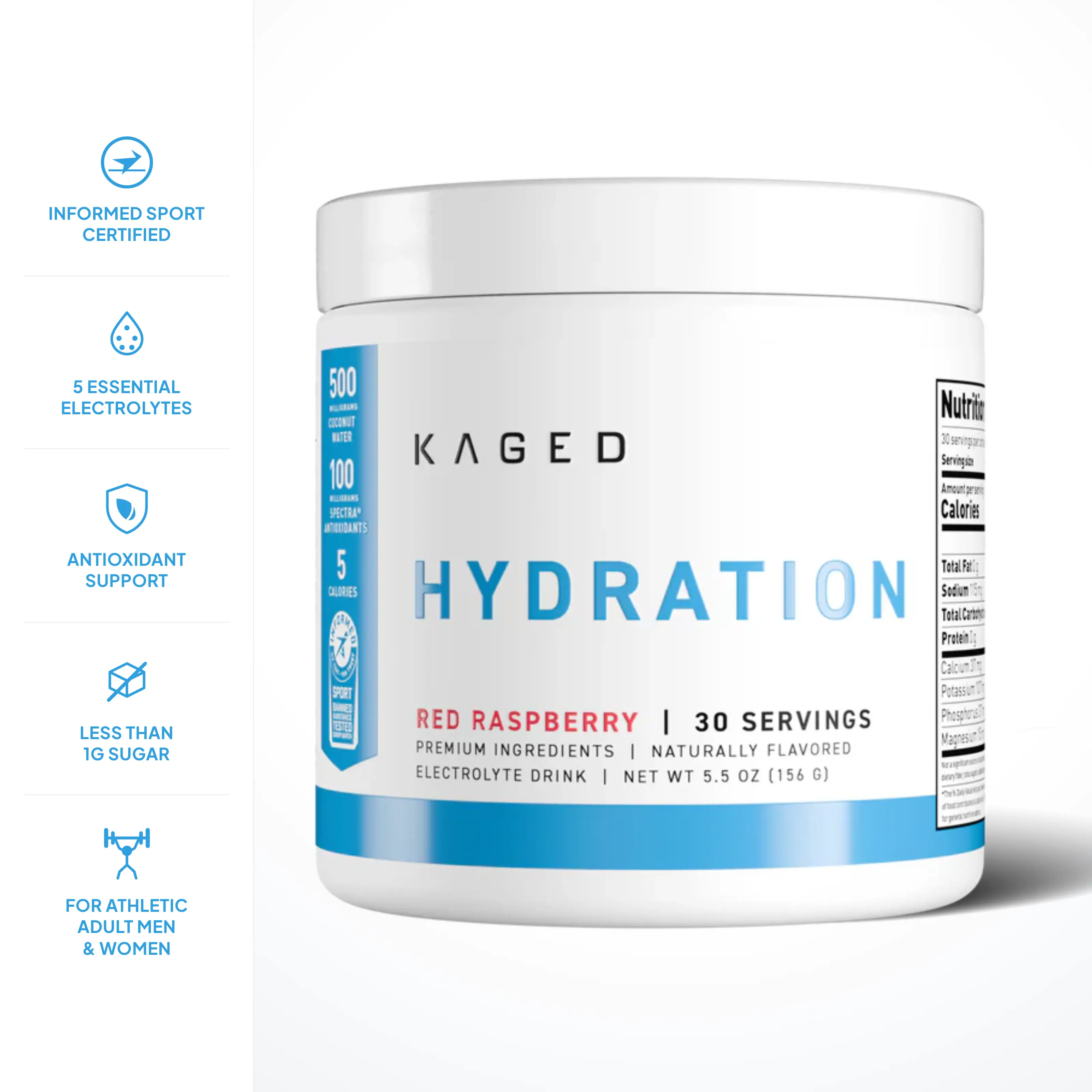 Kaged Hydra-Charge Electrolyte Powder for Men & Women | 30 Servings | 5 Essential Electrolytes + 1,000mg Taurine, Coconut Water & 29-Extract Antioxidant Blend | Sugar Free Hydration Drink Mix, 5 Calories | Informed Sport Certified