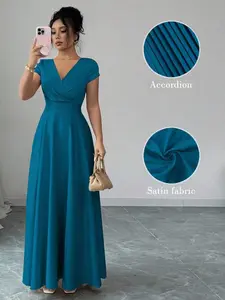 Short Sleeve V-Neck Cinched Waist Elegant Romantic Women Dress