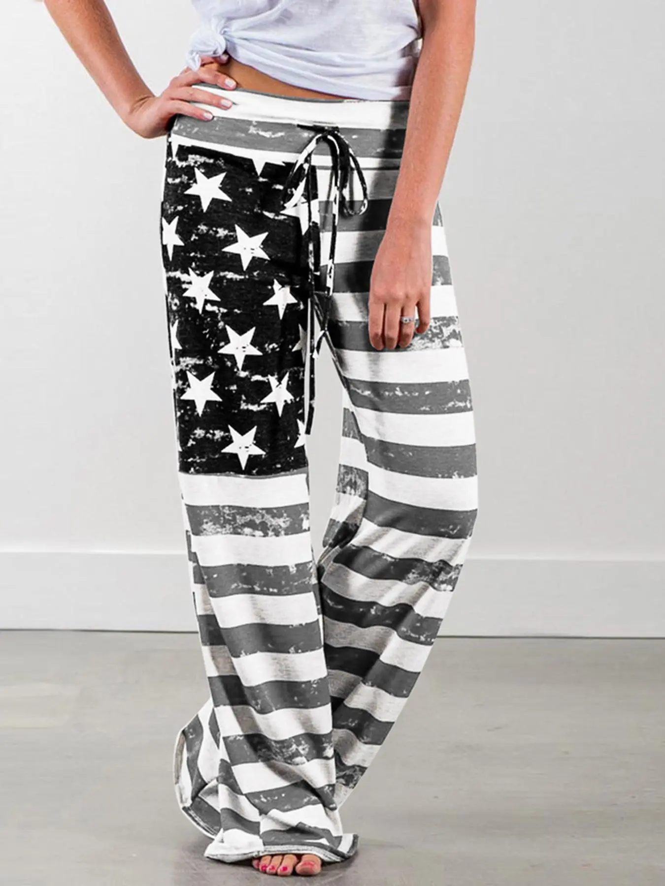 Women's New Arrival USA Flag Print Loose Fit Oversize Wide Leg Drawstring Sweatpants Elastic Leggings Home Wear Independence Day Outfit Festival Attire Casual Style Bottoms S-XXL