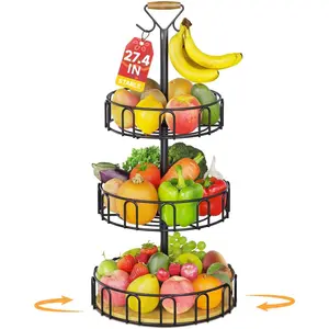 3 Tier Rotating Fruit Basket Bowl with 2 Hangers for Kitchen Counter, Wire Produce Organizer Holder and Vegetable Storage Stand, Countertop Tiered Veggie Rack with Banana Hooks (Black)
