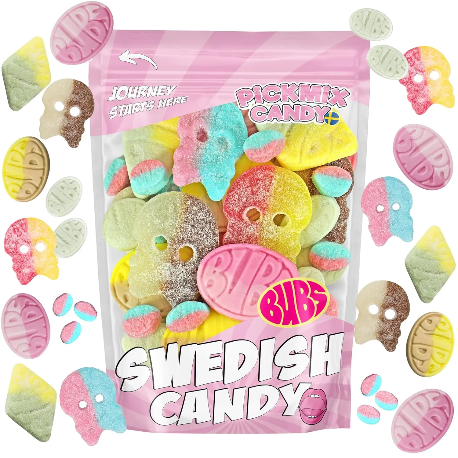 BUBS Swedish Candy Mix 10 Oz Variety Pack, Sweet & Sour Foam Candy, 8 Fruity Flavors with Skulls, Ovals & Mini Rombs, Imported Candy from Sweden