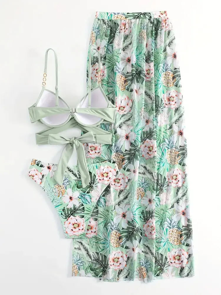 Women's Underwire Push-Up High-Waisted 2-Piece Bikini Set - Mint Tropical Floral Print, Swimsuit Cover-Up for Vacation Swimwear