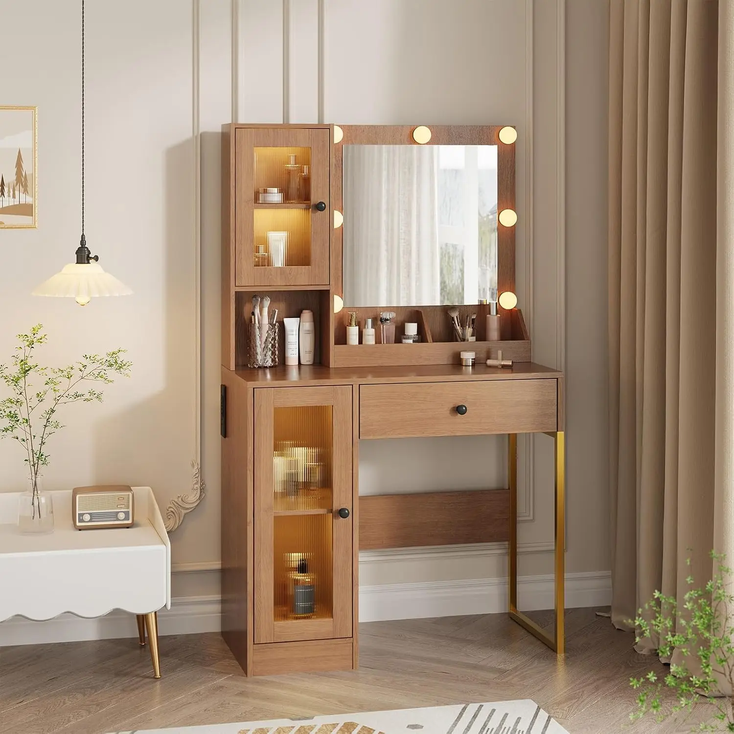Wood Color Vanity Makeup Desk with Mirror - Adjustable LED Lights, Open Shelves, Acrylic-Door Cabinets, Built-in Outlets & USB Ports, Modern Bedroom Indoor Furniture Vanity, Vanity With Mirror