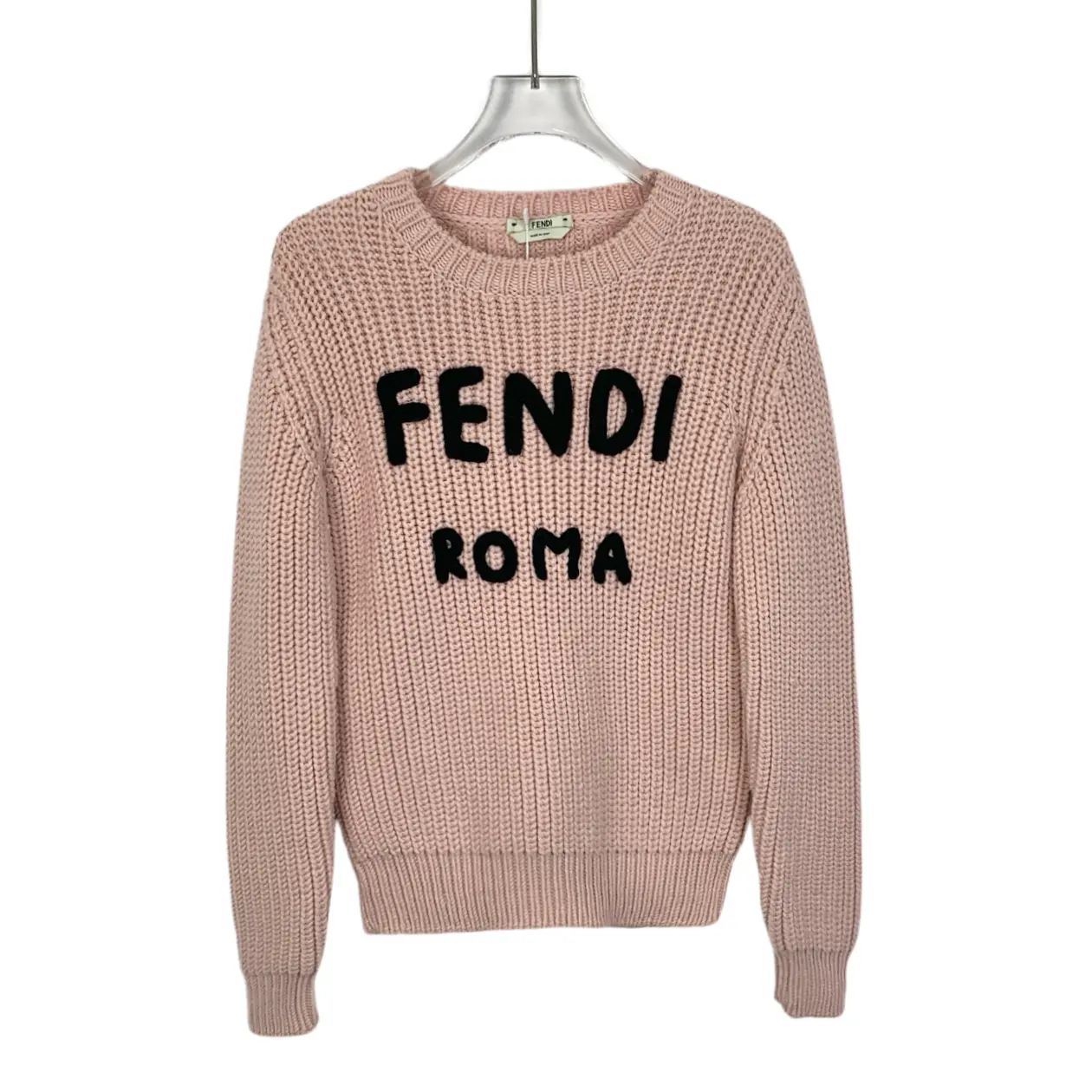 RDLT- Fendi Pink Logo Embroidered Wool Crewneck Knit Sweater Size 36