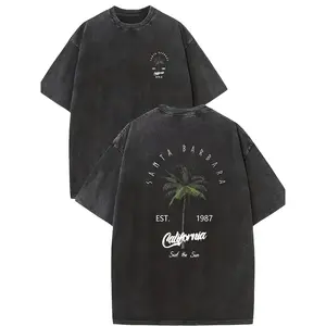 Pure Men'S Coconut Tree Print T-Shirt, Casual Loose Fit, Round Neck, Machine Washable, Washed Retro Dyed, Summer Pattern Details