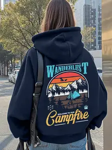 Women's Navy Blue Hoodie with Wanderlust Graphic Print, Outdoor Camping Style Long Sleeves, For Adventure Enthusiasts