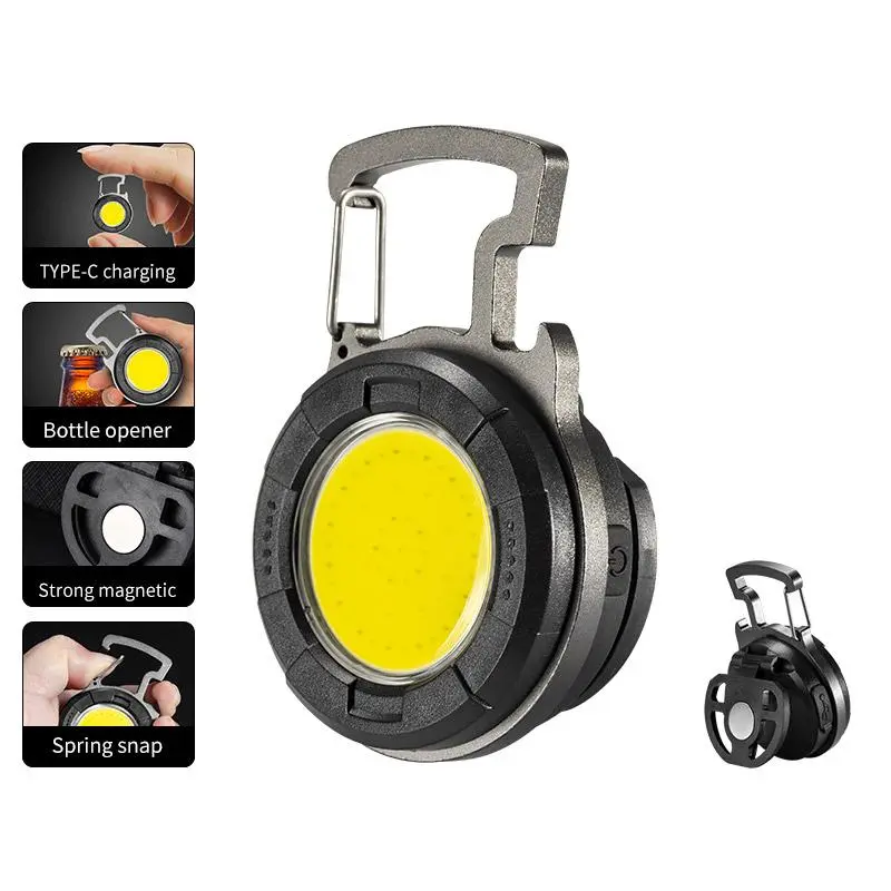 Mini COB multifunctional portable mini keychain light, foldable pocket light with magnet holder, rechargeable bottle opener, pocket work light for cycling, fishing and running, USB Rechargeable Flashlight