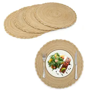 15 inch/38cm Round Placemats Set of 4 Boho Woven Braided Border Table Mats Washable Heat Resistant Circle Place Mats, Natural Style Woven Cotton Placemats for Dining Table  Party Holiday Banquets