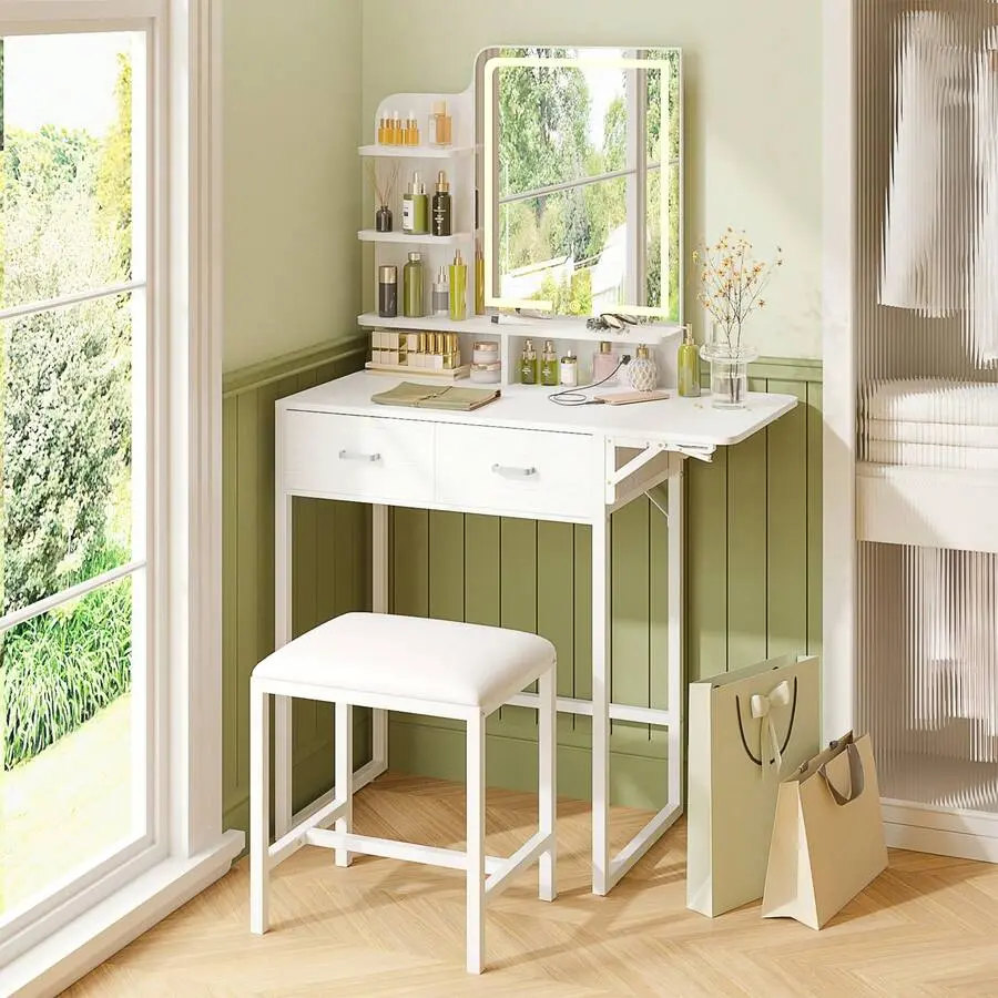 Minimalist Makeup Vanity Desk Set with Removable LED Lighted USB-Powered Mirror, Built-in Power Outlet, Soft Dressing Stool, Storage Drawers, Open Organizer – Modern Indoor Furniture for Female, Mother, Wife Bedroom Daily Use, Assembly Required