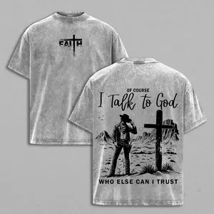 I Talk to God T Shirt Christian Cowboy Vintage Washed Oversized Faith Graphic Tee Cross Western Streetwear Heavy Cotton Religious Inspiration Shirt for Men Women Jesus Apparel