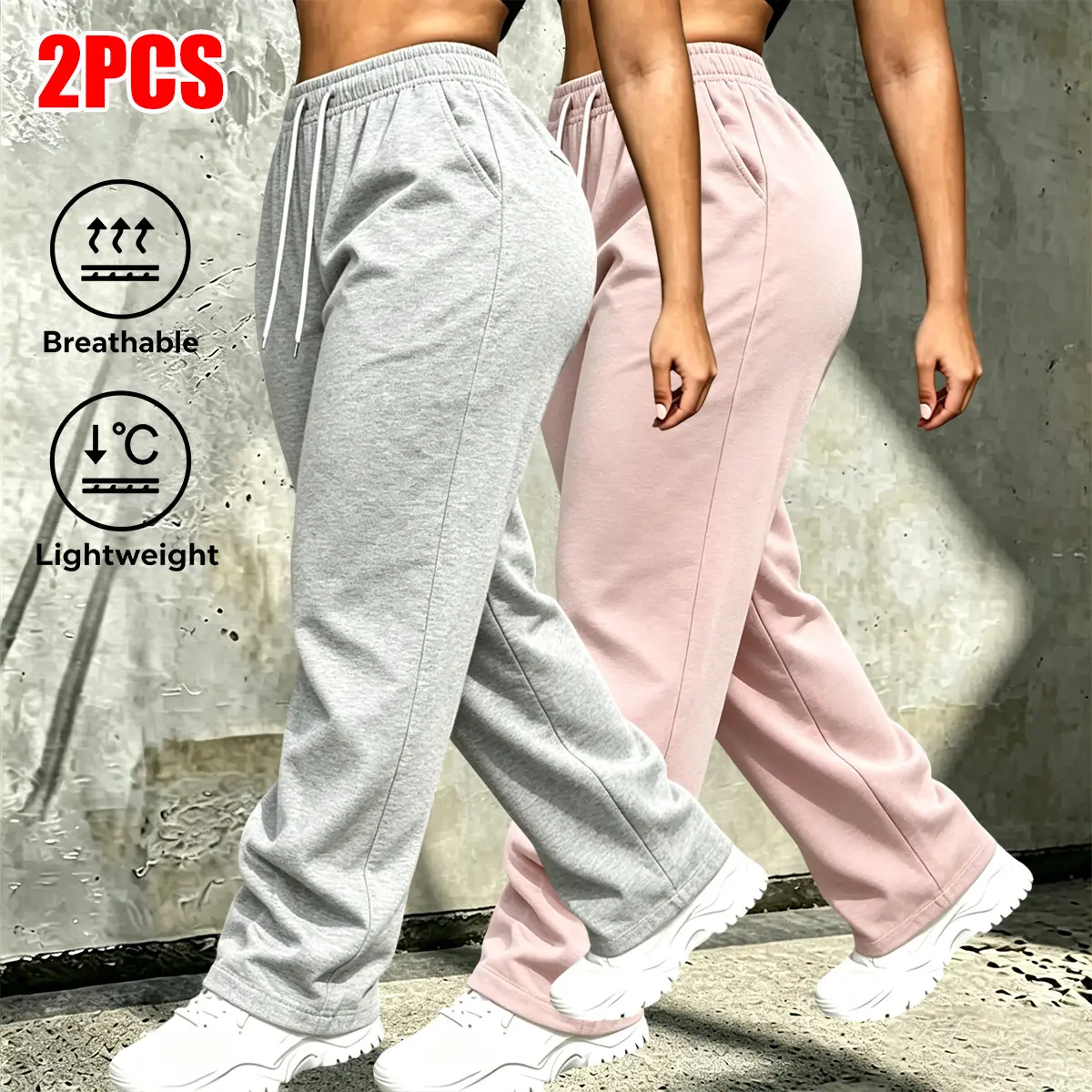 Two-pack elegant casual long pants—fashionable sport trousers with a double-pocket design, machine washable women’s pants that are versatile for home and outdoor wear.