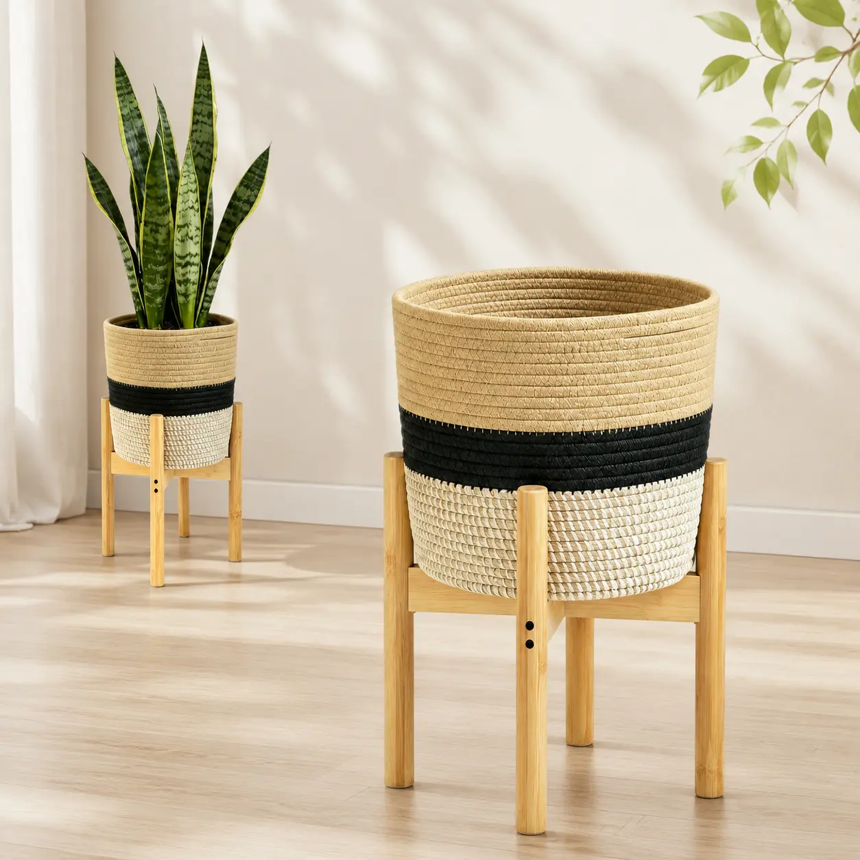 Bamboo Round Planter Basket Stand - 11.8"(w)x11.8"(d)x18.5"(h), Waterproof Liner, Fits 10in & Large Planter Pots, Indoor Woven Basket with Bamboo Stand for Bedroom Living Room Home Decor