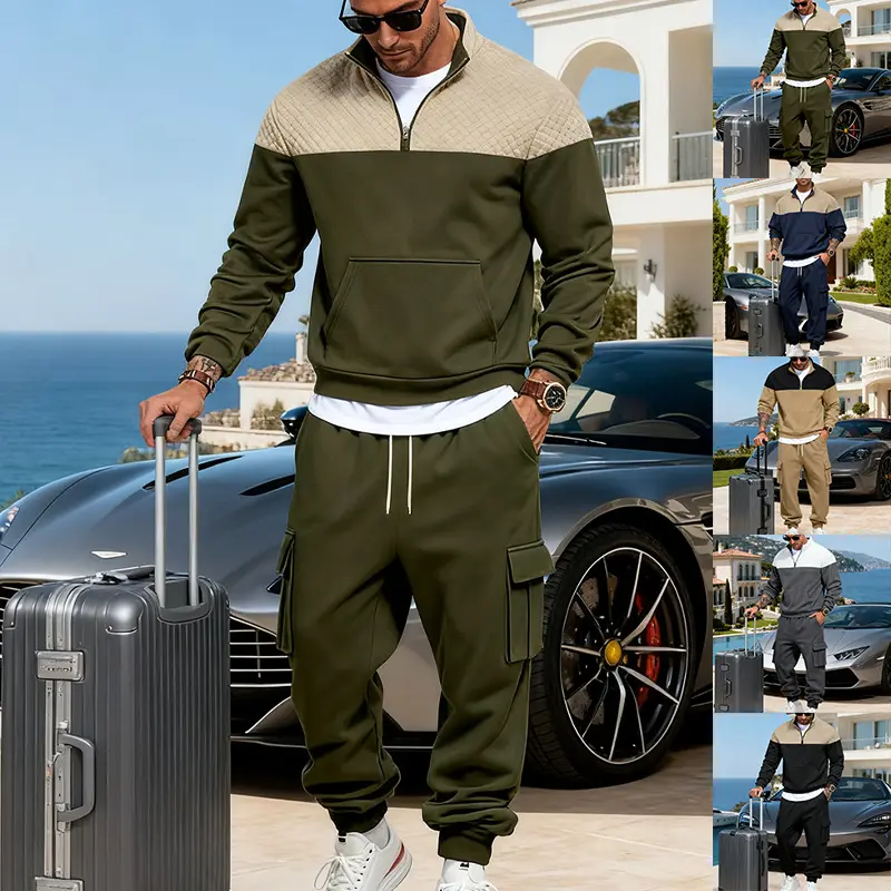 KZZ Male 2-Piece Tracksuit, Stylish Casual Wear Outfit with Collared Hoodie and Pants for Outdoor Sport, Long Sleeve, Plain, Two-Pieces, Jogger Suit