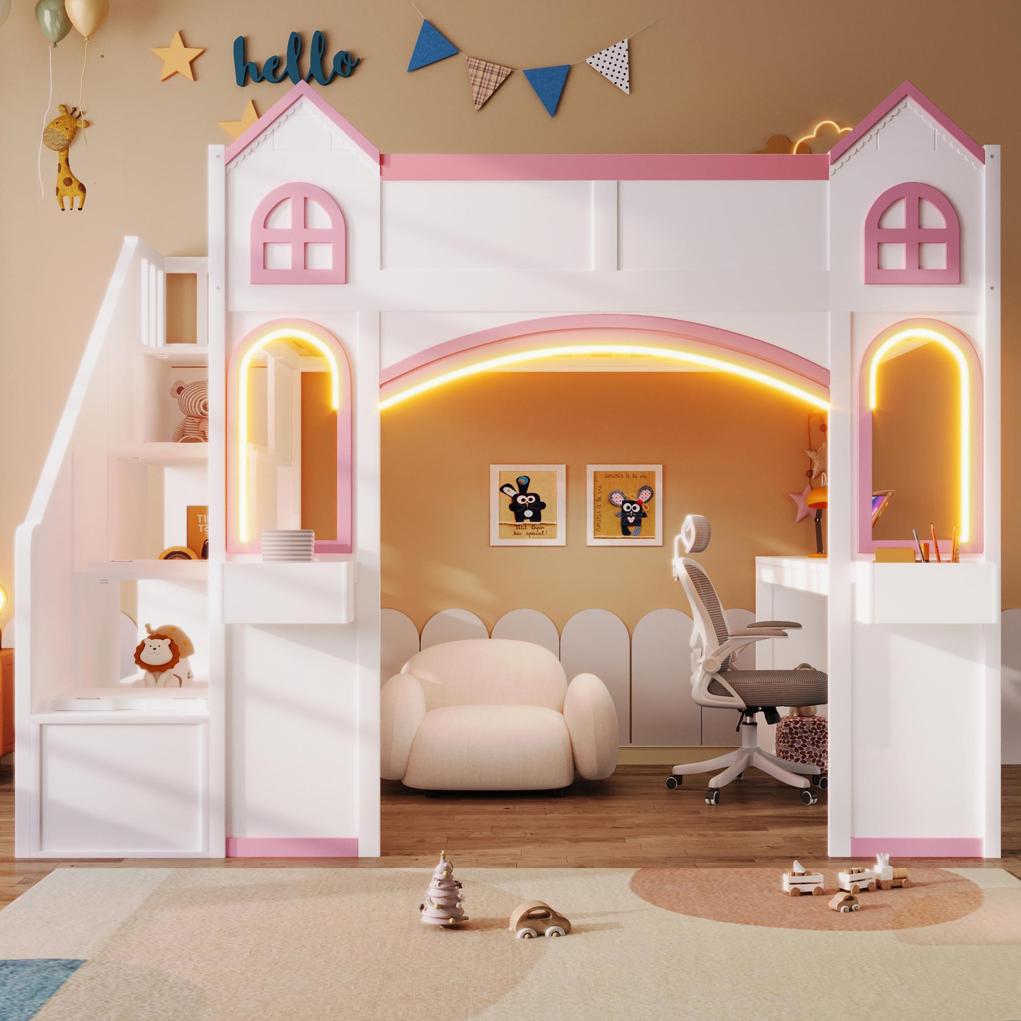 Full Size Loft Bed Frame with Storage Staircase and LED Light, Wood Castle Full Loft Bed Frame with Desk, Windows & Shelves for Kids, Teens, Boys or Girls, Montessori Bed, Pink