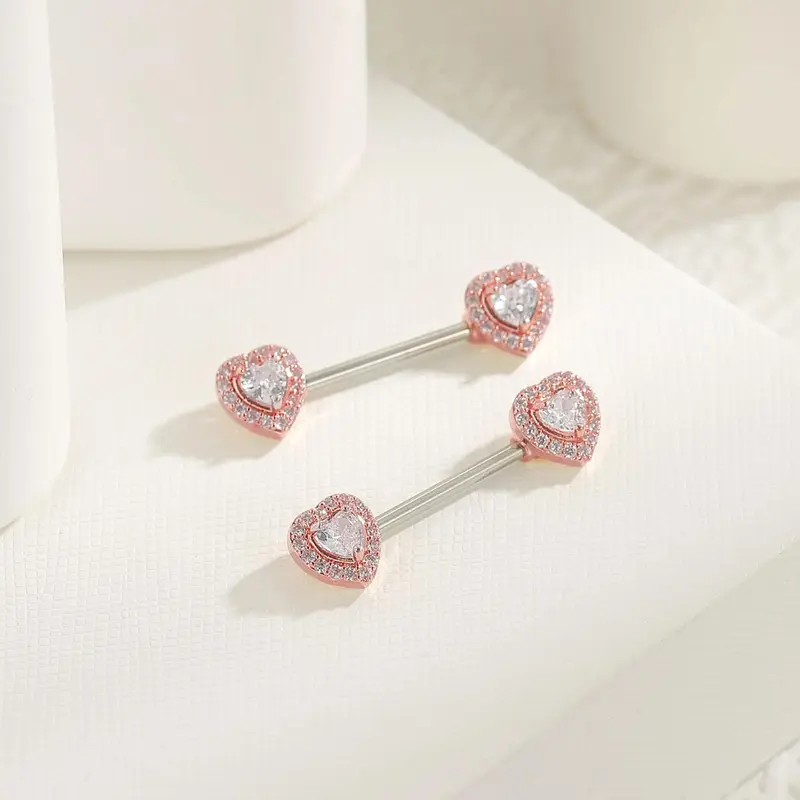 Cute Heart Shaped Nipple Ring, Rhinestone Decor Nipple Barbell, Cubic Zirconia Inlay Body Jewelry for Women, Accessories for Party, Daily Clothing Decor, Valentine's Day, Gift, Body Piercing Jewelry, Body Jewellery