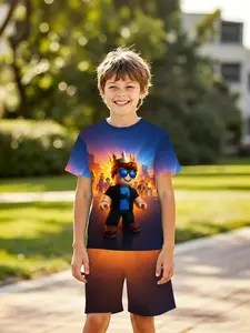 Boys' 3D Short Sleeve Set Roblox Crown Cool Game Print Summer, Casual Loose Fit Shorts, Perfect for Outdoor, Holiday Gifts, Birthday Presents