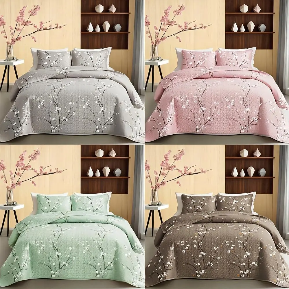 2/3pcs Multicolour Tree Branch Plum Blossom Quilted Quilt, 1pc Quilted Quilt+ 1/2pcs Pillowcases, Soft Breathable Comfortable Portability Hypoallergenic Machine Washable Bed Cover Bedding Room Decor, SingleBed/ Queen/ King Size