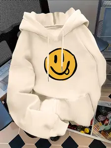 Women's Casual Fashion Sweatshirt with Smiley Face Print, Kangaroo Pocket, Drawstring Hoodie, Durable Material, Comfortable Fabric