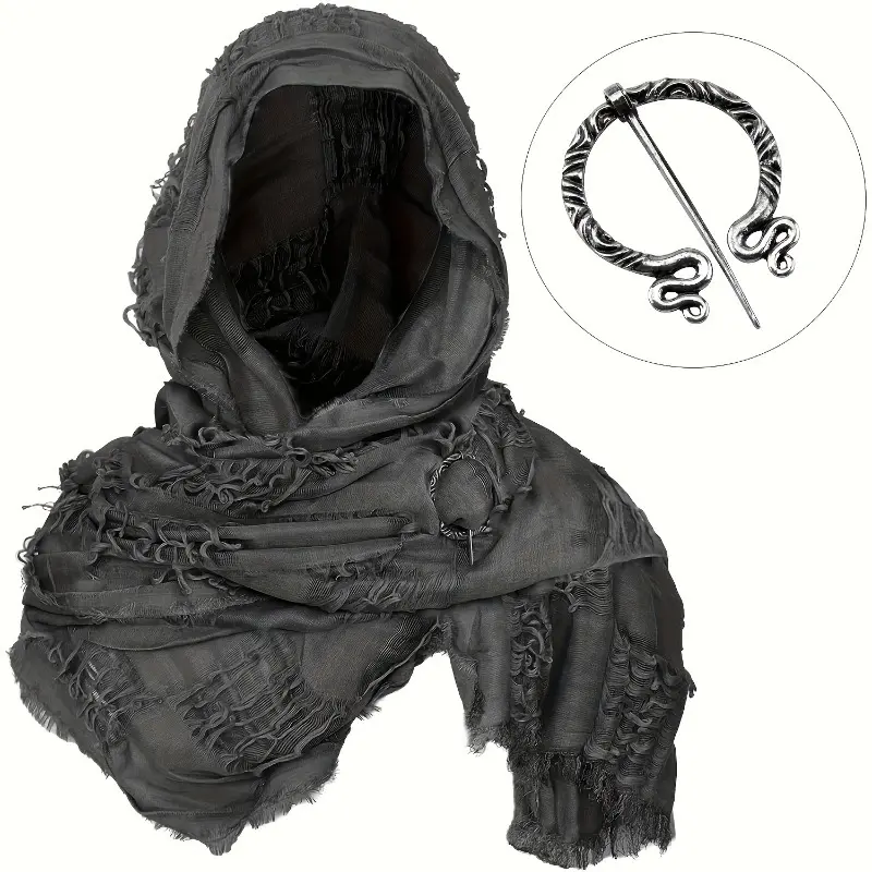 2pcs Post-Apocalyptic Distressed Scarf Shawl And Brooch Set, Medieval Renaissance Viking Style Faded Cloak, Halloween Costume Accessory