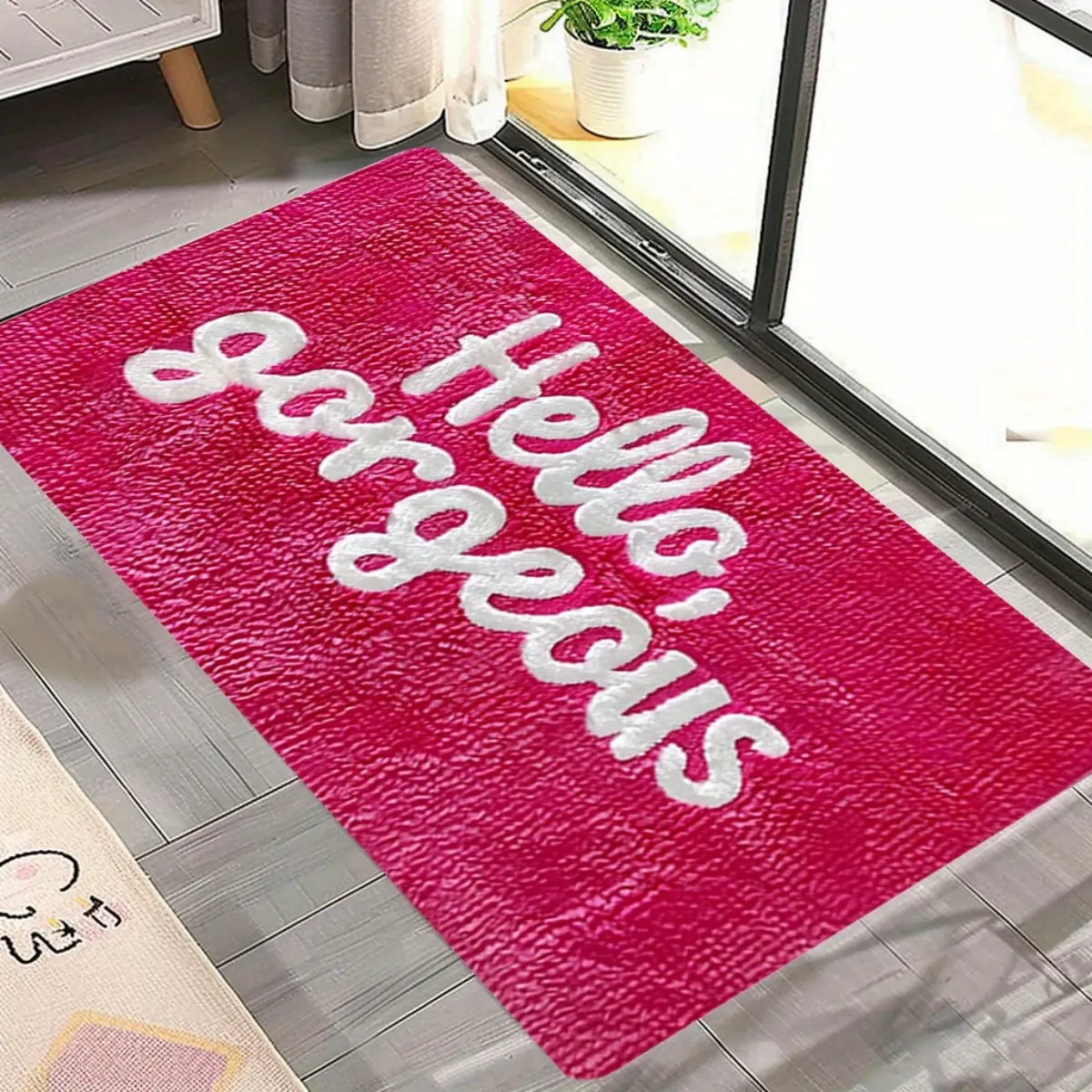 2-Piece Polyester Home Mats Set - 1pc 2D Flat Printing Flannel Non-Slip Doormat, 1pc Pink "Hello Beauty" Textured Bath Mat, Machine-Washable, Easy-Care, Decorative for Bedroom Kitchen, Gift for Parents, House Decor, Synthetic