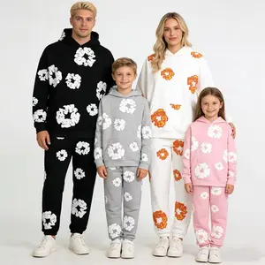 American children's flower hoodie & jogging suit soft and stretchable children's casual clothes, printed sweatshirts and sweatpants suitable for daily use can be worn by adults and children.