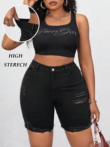 Women's Plus Size Denim Capri Jeans Summer New Breathable Comfort Ripped Design Casual Women's Mid-Thigh Pants
