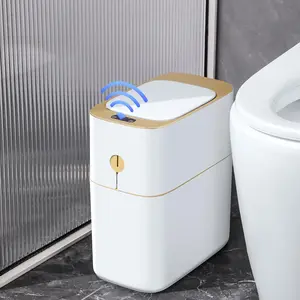 Bathroom Gold Trash Can Automatic Garbage Can-Touchless 3.5 Gallon Trash Can with Lid(battery not included), Small Plastic Slim Waste Basket for Bedroom, Office, Living Room, Toilet, Laundry, Dormitory