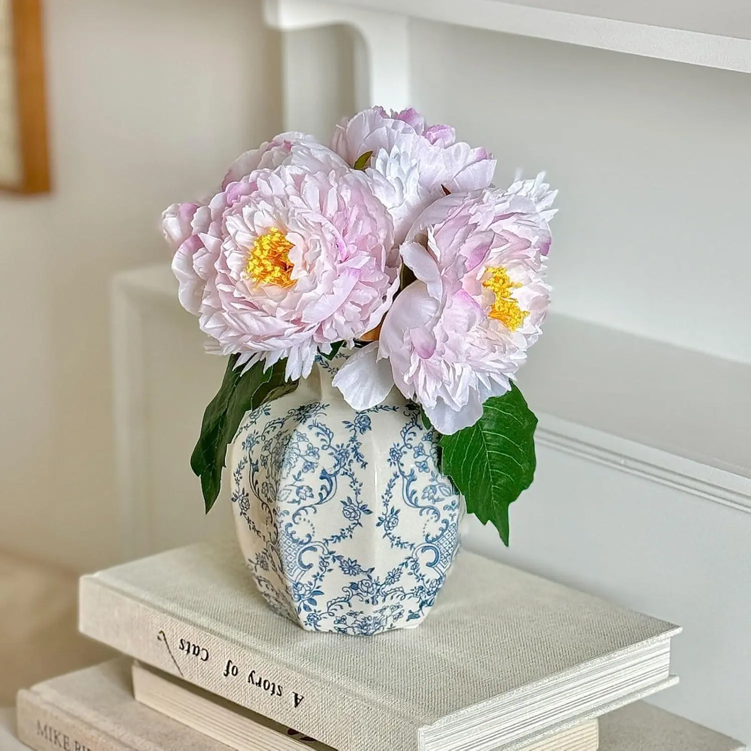 Ceramic Vase, Blue and White Porcelain Decorative Flower Vase for Centerpiece Living Room Table Shelf, Chinoiserie  Country Decor