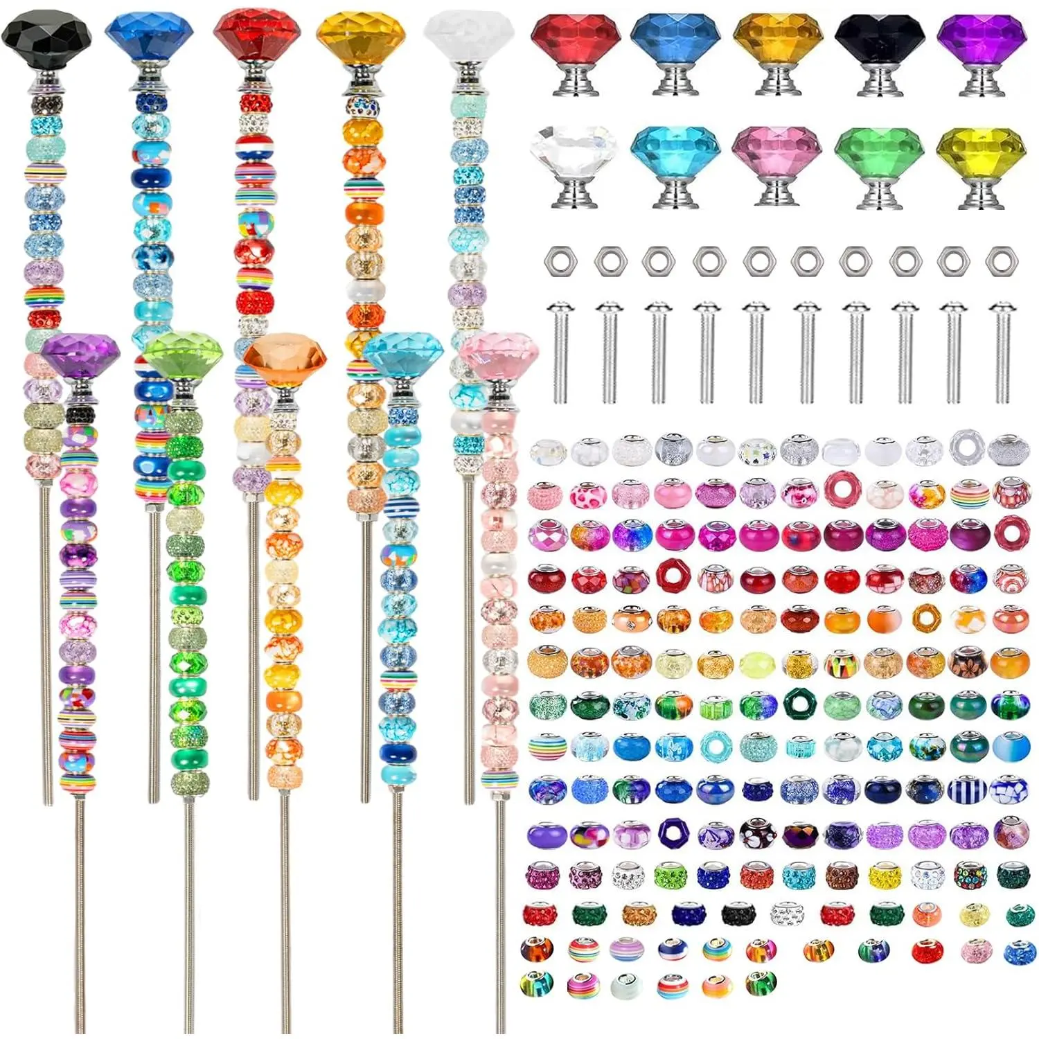 230 count Beaded Garden Stakes Kit Fairy Garden Stakes Includes 10 Colorful  Top 200 Round Colorful Bead 10 Stainless Steel Threaded Rods and Nuts for Outdoor Decoration( Style)
