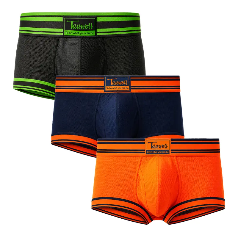 TAUWELL 3-Pack  Men’s Mesh Trunks Underwear, Stretch Boxer Briefs with Sporty Colorblock Waistband, Front Logo Label and Contour Pouch-1201