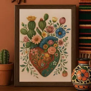 [UNFRAMED] Mexico Wall Art, Mexican Blooming Heart wall art, Corazon Mexicano Oil Painting Poster Decor Floral Aesthetic Pattern