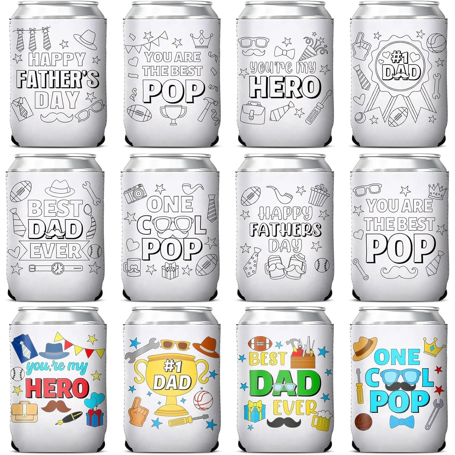 24Pcs Happy Father's Day Crafts Can Covers Color Your Own Father's Day Can Covers Christian Father’s Day Craft Best Dad DIY Gift Bulk