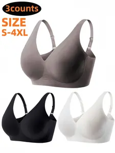 3-Piece Pack Women's Comfortable Medium Wireless Bra Set, Size S-4XL Push-Up Design, Seamless Casual Daily Wear, Deep V Neckline, Underwear