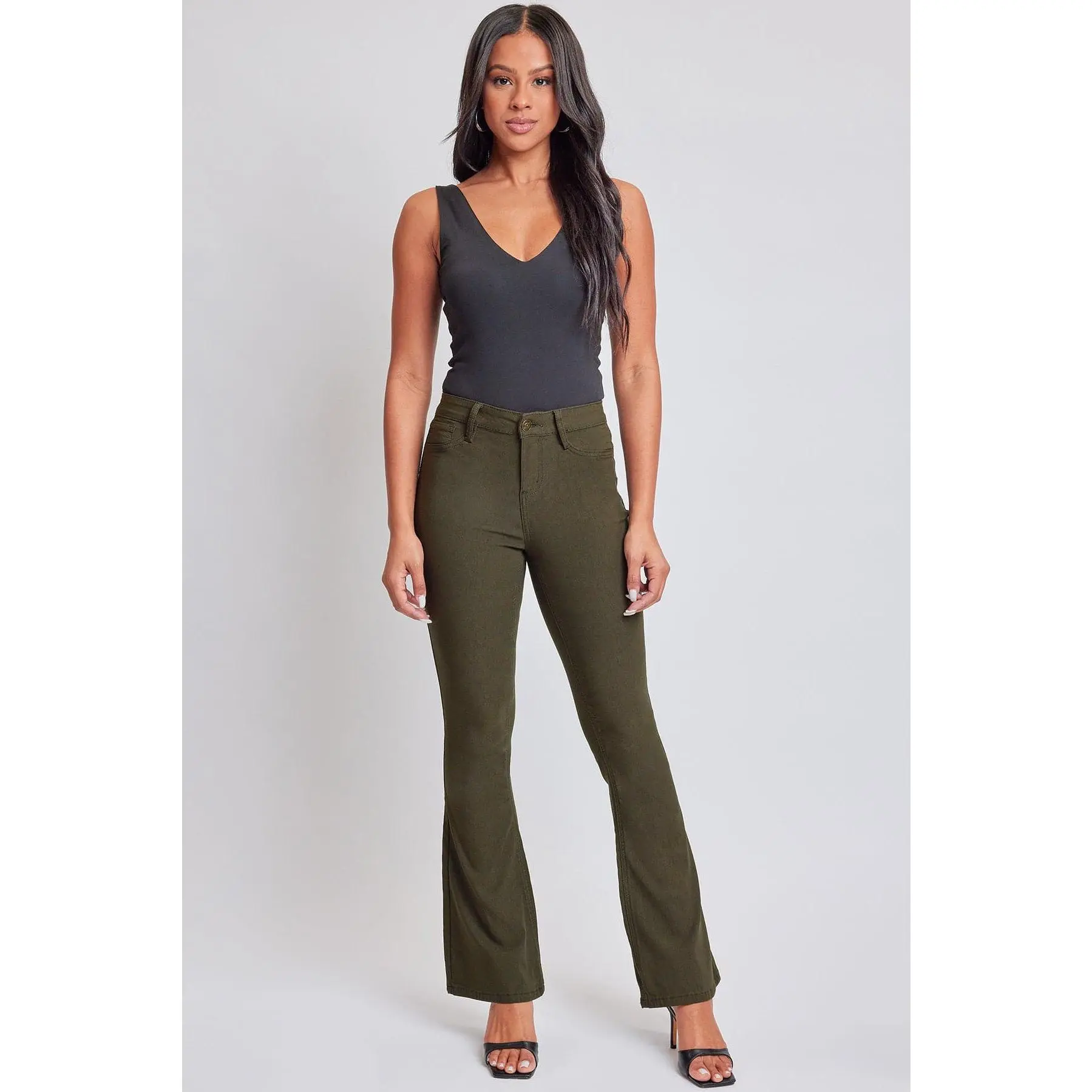 Women's High-Rise Flare Pants in Forever Color Hyperstretch Spandex Fabric, Slim Fitted Bottoms with Belt Loops, Button, Flared, Pockets, Leg, Style, Nylon, Rayon Blend, Slim Flare