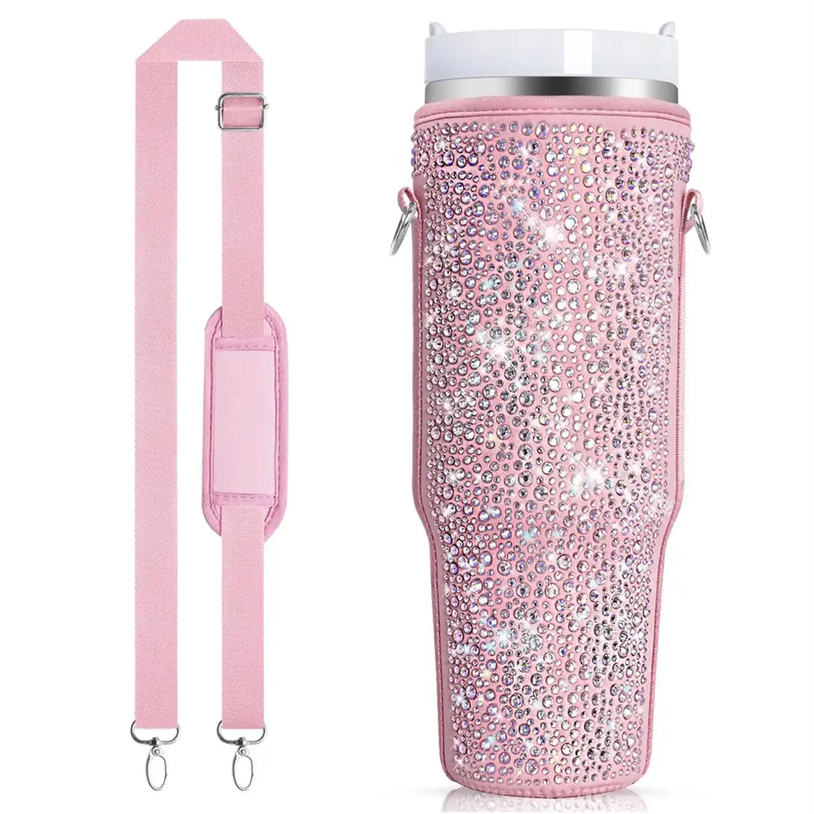 Tumbler Carrier Bag with Adjustable Strap, 1 Count Glitter Water Bottle Carrier Bag, Water Bottle Holder for Stanley Quencher H2.0 & Adventure 40 oz T