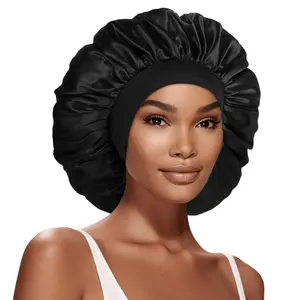 Satin Bonnet Hair Cap, 17inches Silk Bonnet for Sleeping,  Silk Sleep Cap for Women Braids Curly Hair Locs 1 count (Black)