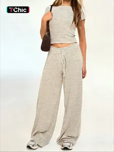 Women's 2pcs Striped Crop Top & Wide-Leg Pants Set , Soft Stretchy Fabric & Matching Horizontal Stripe Pattern & Slim-Fit Short-Sleeve Silhouette & Cropped Length  & Elastic Drawstring Waist & Flowy Oversized Wide-Leg Pants